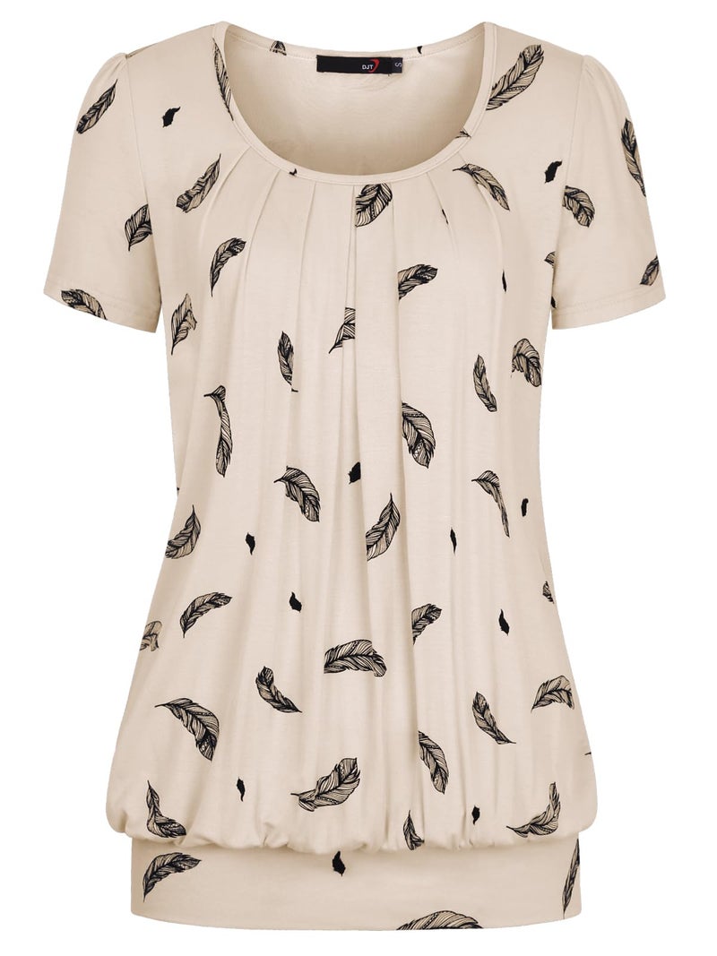 DJT Women's Short Sleeve Summer Tops Scoop Neck Pleated Front Casual Tee T Shirt Large Apricot Feather - Image 1